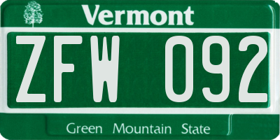 VT license plate ZFW092