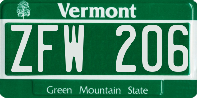 VT license plate ZFW206