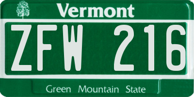 VT license plate ZFW216