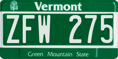 VT license plate ZFW275