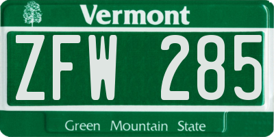 VT license plate ZFW285