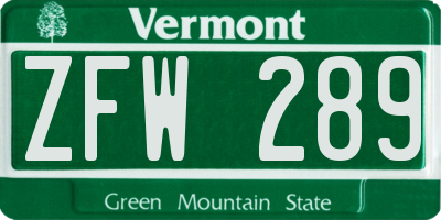 VT license plate ZFW289