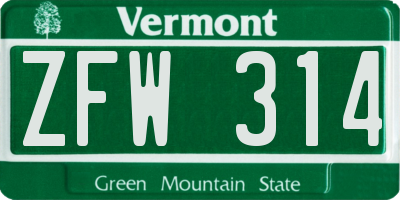 VT license plate ZFW314