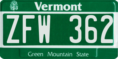 VT license plate ZFW362