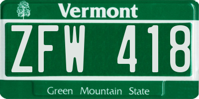 VT license plate ZFW418