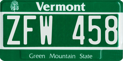VT license plate ZFW458