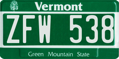 VT license plate ZFW538