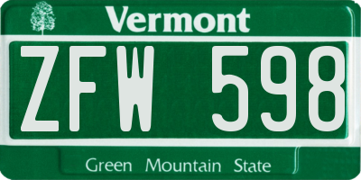 VT license plate ZFW598
