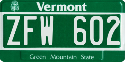 VT license plate ZFW602