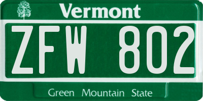 VT license plate ZFW802