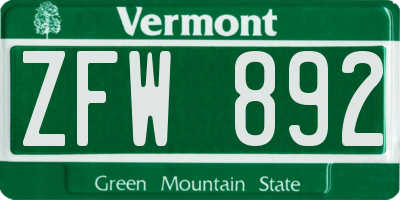 VT license plate ZFW892