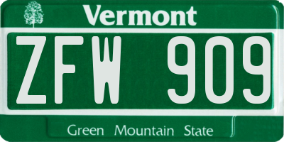 VT license plate ZFW909