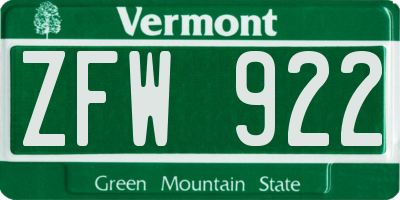 VT license plate ZFW922