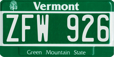 VT license plate ZFW926