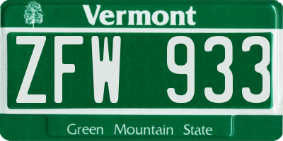 VT license plate ZFW933