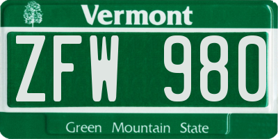 VT license plate ZFW980