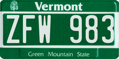 VT license plate ZFW983