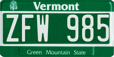 VT license plate ZFW985