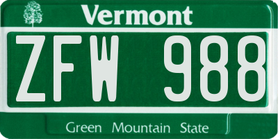 VT license plate ZFW988