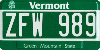 VT license plate ZFW989