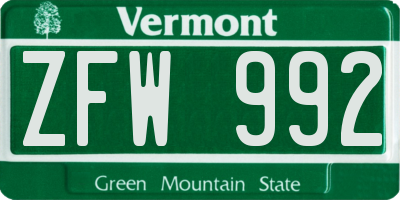 VT license plate ZFW992