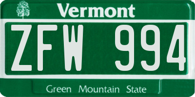 VT license plate ZFW994