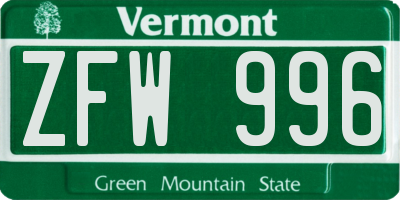 VT license plate ZFW996