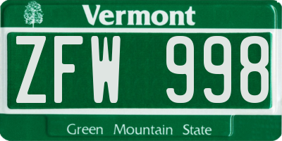 VT license plate ZFW998