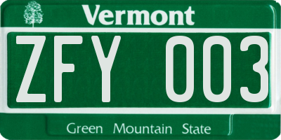 VT license plate ZFY003