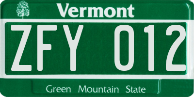 VT license plate ZFY012