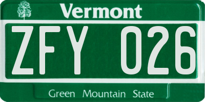 VT license plate ZFY026