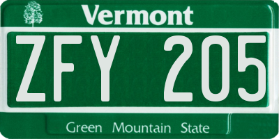 VT license plate ZFY205