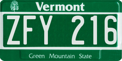 VT license plate ZFY216