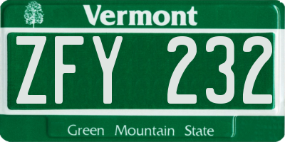 VT license plate ZFY232