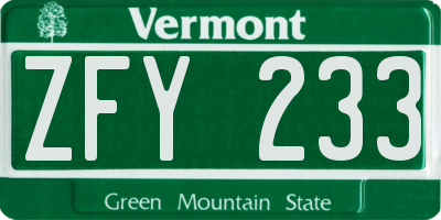 VT license plate ZFY233