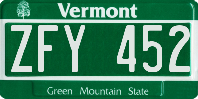 VT license plate ZFY452