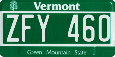 VT license plate ZFY460