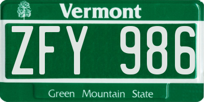 VT license plate ZFY986