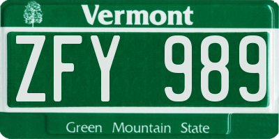 VT license plate ZFY989