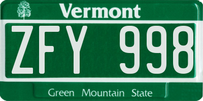 VT license plate ZFY998