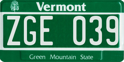 VT license plate ZGE039