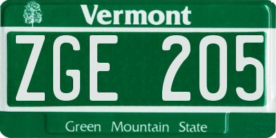 VT license plate ZGE205