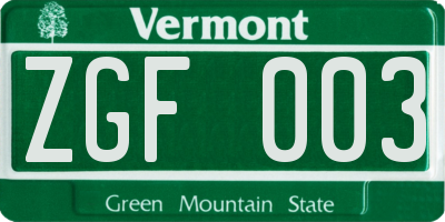 VT license plate ZGF003