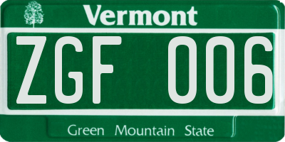 VT license plate ZGF006