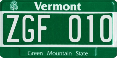 VT license plate ZGF010