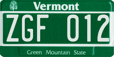VT license plate ZGF012