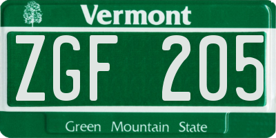 VT license plate ZGF205