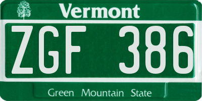 VT license plate ZGF386