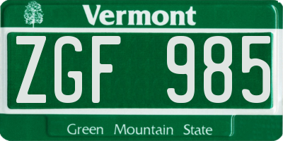 VT license plate ZGF985