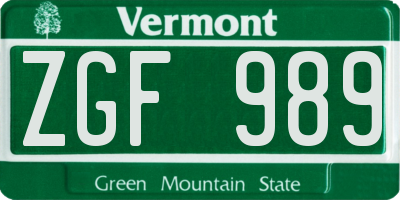 VT license plate ZGF989
